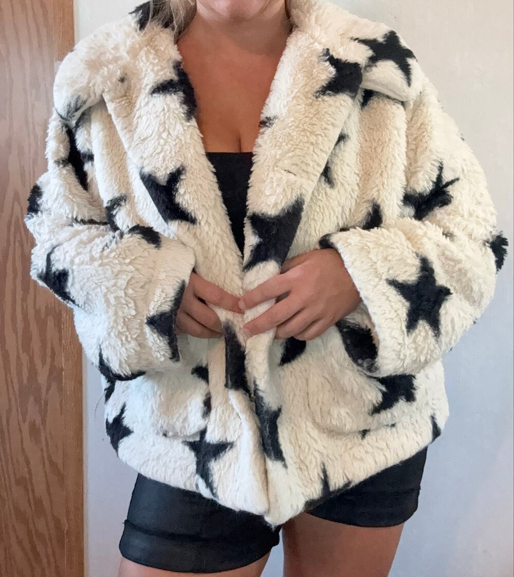 POPSUGAR Black White Star Faux Fur Teddy Jacket XL